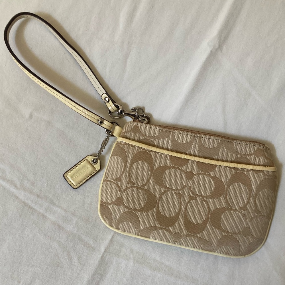 Coach Cream and Tan Signature Wristlet with Hang tag
